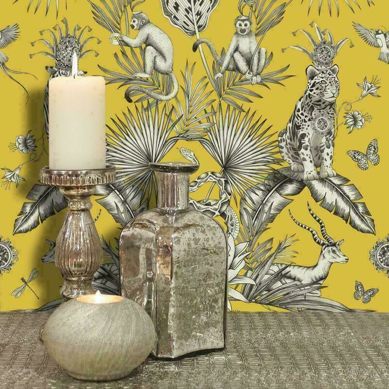 Belgravia Decor - Belgravia Menagerie Yellow Tropical Jungle Animals Safari Plants Wallpaper 2001 - Yellow