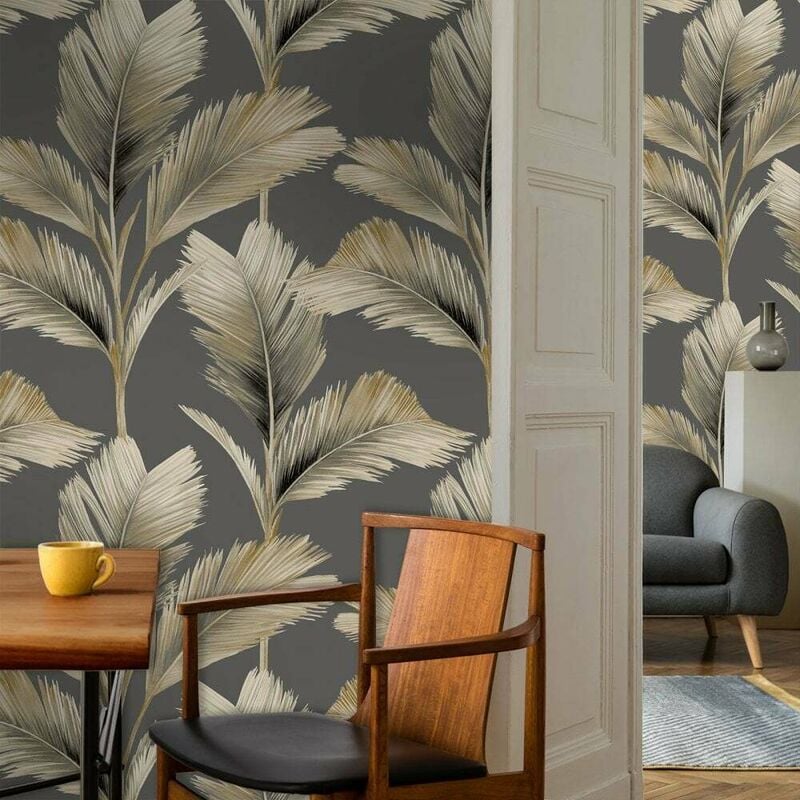 Belgravia Decor - Tropical Jungle Palm Leaf Charcoal Neutral Cream Realisitc Kailana Wallpaper