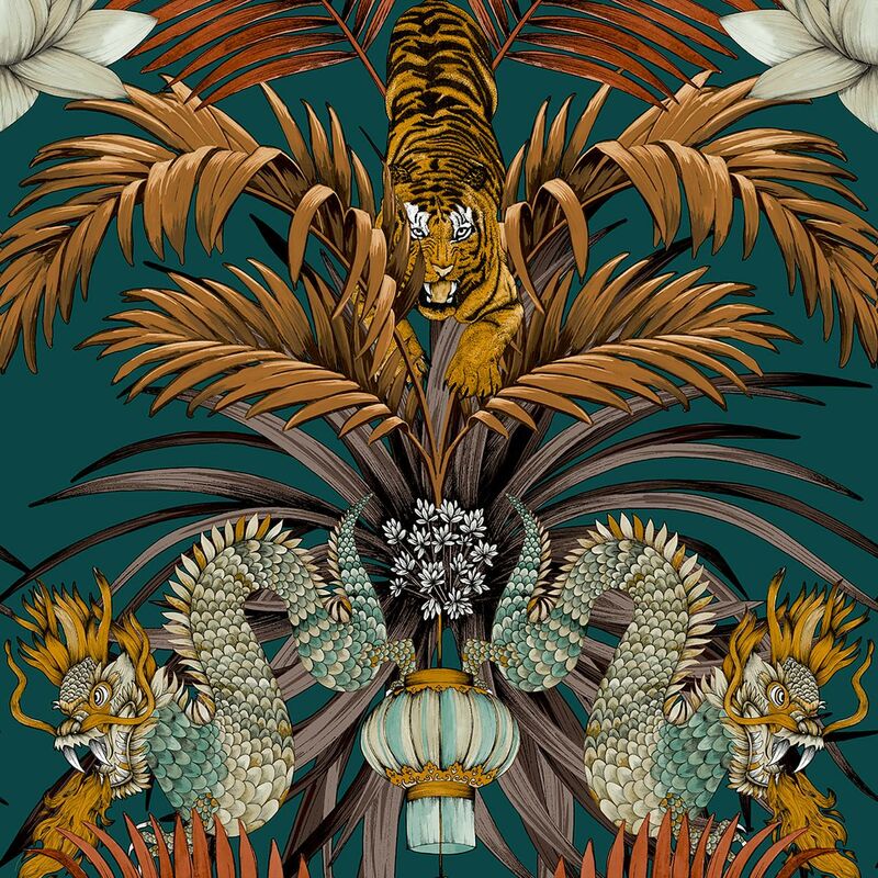 Belgravia Decor - Belgravia Wilson Green Tiger Oriental Dragon Jungle Wallpaper Floral Teal Modern