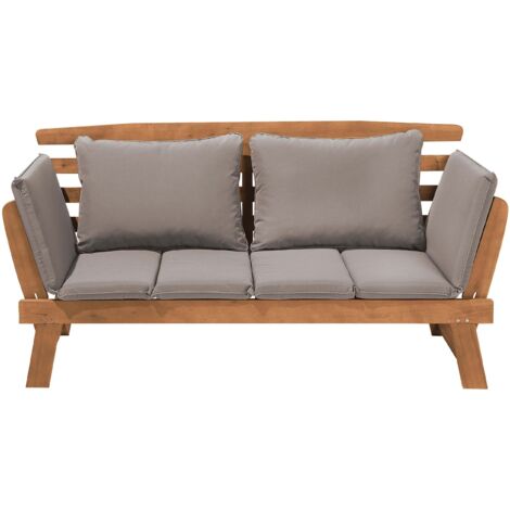 Beliani – Banc de jardin en bois d'eucalyptus 2 places – Accoudoirs inclinables – Coussin taupe amovible – Résistant à l'humidité – Dimensions 210x66cm