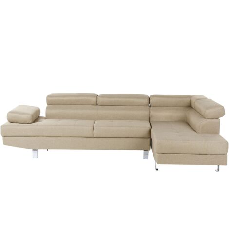Beliani – Canapé d'angle 5 places en tissu polyester beige clair – Accoudoirs larges – Coussins de tête réglables – Confort optimal