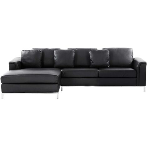 Beliani – Canapé d'angle droit en cuir véritable noir – Dossier matelassé – Housses amovibles – 4 places – Dimensions 270x151cm