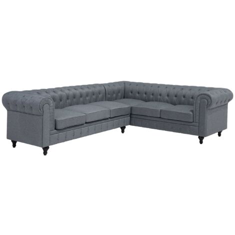 Beliani – Canapé d'angle gauche en tissu gris – Housse amovible – Assise large 6 places – Style Chesterfield – Confort optimal avec capitonnage