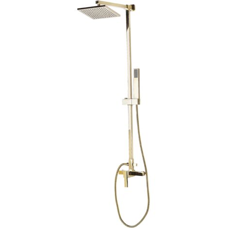 Beliani – Colonne de douche dorée sans robinetterie – Pommeau carré en laiton – Longueur flexible 150 cm – Finition brillante pour salle de bain moderne