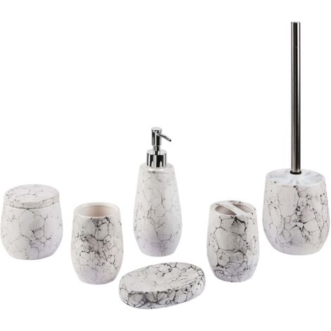 Beliani – Ensemble d'accessoires de salle de bains 6 pièces en céramique – Effet marbre blanc – Distributeur, porte-savon, porte-brosse à dents, brosse toilettes