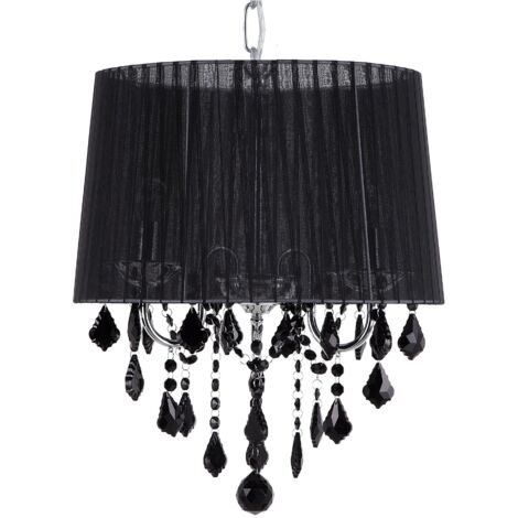Beliani – Lampe suspension glamour en tissu noir – 3 ampoules E14 40W – Abat-jour polyamide avec cristaux décoratifs – Éclairage moderne pour salon