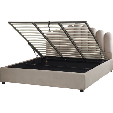 Beliani – Lit avec tiroirs en velours 180x200 cm – Tête de lit haute beige – Rangement sous le sommier – Style moderne chic