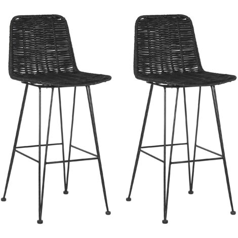Beliani – Lot de 2 chaises de bar en rotin noir – Pieds en métal – Hauteur d'assise 69 cm – Pour salon moderne et exotique