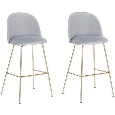 Beliani – Lot de 2 chaises hautes de bar en velours gris – Pieds en acier doré – Hauteur 114 cm – Confort et élégance pour cuisine ou salon