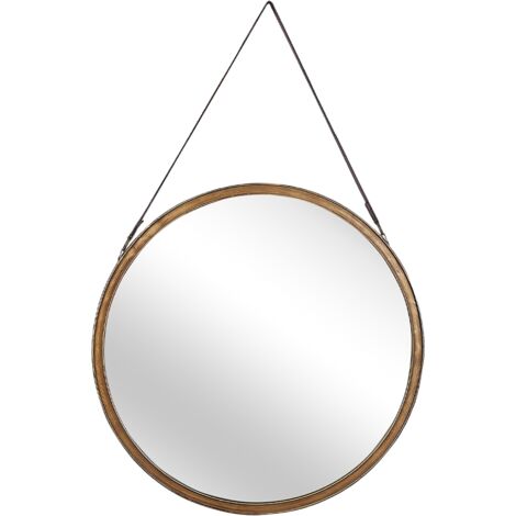 Beliani – Miroir mural rond doré 60 cm – Sangle en simili cuir marron – Style rétro pour salon, chambre ou entrée