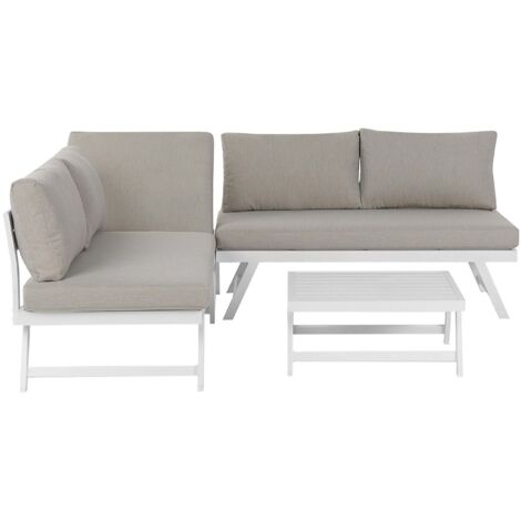 Beliani – Salon de jardin modulable en aluminium blanc – Canapés avec coussins taupe – Table basse 65x65cm – Siège relevable et dossier réglable