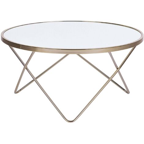Beliani – Table basse ronde 80x80cm en verre trempé blanc – Structure en métal doré – Style glamour pour salon moderne – Finition brillante