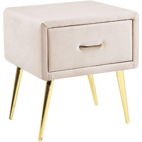 Beliani – Table de chevet en velours beige – Métal doré – 1 tiroir – Dimensions 46x38x49 cm – Style glamour rétro