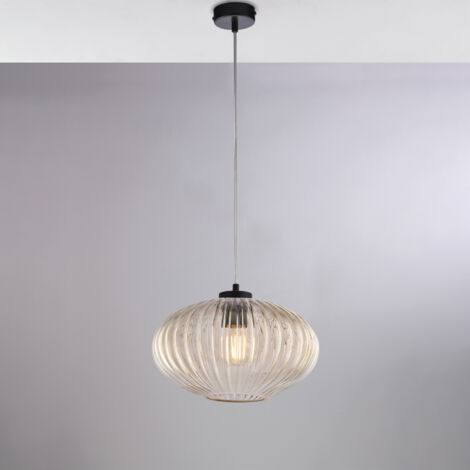 Belight -  Ginger – Pendelleuchte schwarz, Glas amber mit Streifendekor, Ø30, 1-flammig – BL319-S1-AM