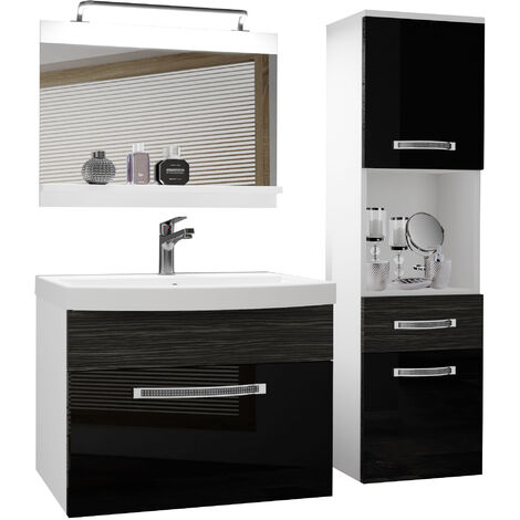 Belini Badezimmer Badmöbel Set Vollausstattung mit Waschbecken Unterschrank Waschtisch Spiegel Lampe Möbel Schwarz Ebenholz Glänzend Matt