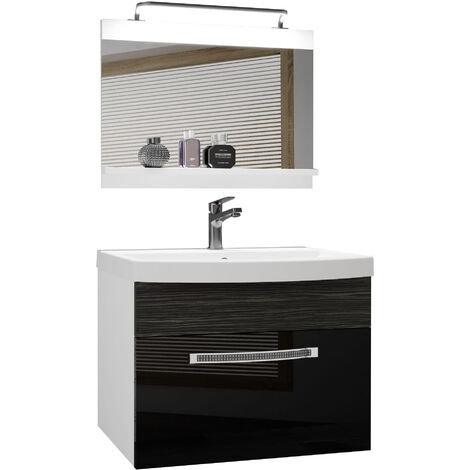 Belini Badezimmer Badmöbel Set Vollausstattung mit Waschbecken Unterschrank Waschtisch Spiegel Lampe Möbel Schwarz/Ebenholz Royal, Glänzend und Matt