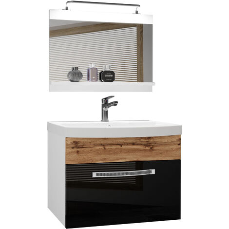 Belini Badezimmer Badmöbel Set Vollausstattung mit Waschbecken Unterschrank Waschtisch Spiegel Lampe Möbel Schwarz/Eiche Wotan, Glänzend und Matt
