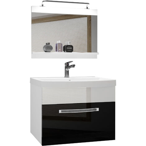 Belini Badezimmer Badmöbel Set Vollausstattung mit Waschbecken Unterschrank Waschtisch Spiegel Lampe Möbel Schwarz/Weiss, Glänzend