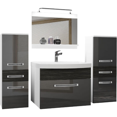 Belini Badezimmer Badmöbel Set Vollausstattung mit Waschbecken Unterschrank Waschtisch Spiegel Lampe Möbel Silber Ebenholz Glänzend Matt
