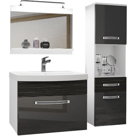 Belini Badezimmer Badmöbel Set Vollausstattung mit Waschbecken Unterschrank Waschtisch Spiegel Lampe Möbel Silber Ebenholz Glänzend Matt