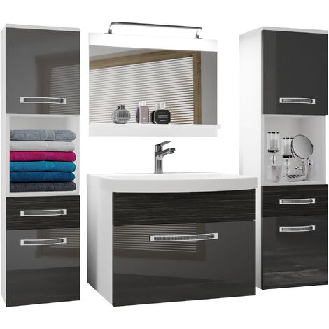 Belini Badezimmer Badmöbel Set Vollausstattung mit Waschbecken Unterschrank Waschtisch Spiegel Lampe Möbel Silber Ebenholz Royal Glänzend Matt