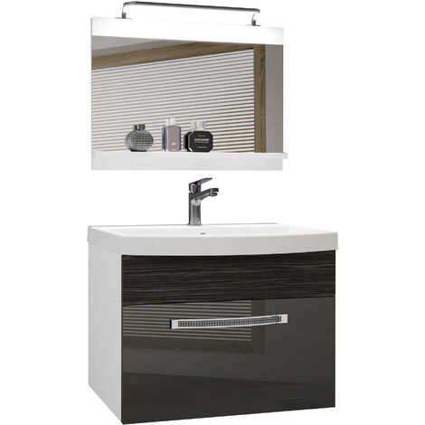 Belini Badezimmer Badmöbel Set Vollausstattung mit Waschbecken Unterschrank Waschtisch Spiegel Lampe Möbel Silber/Ebenholz Royal, Glänzend und Matt