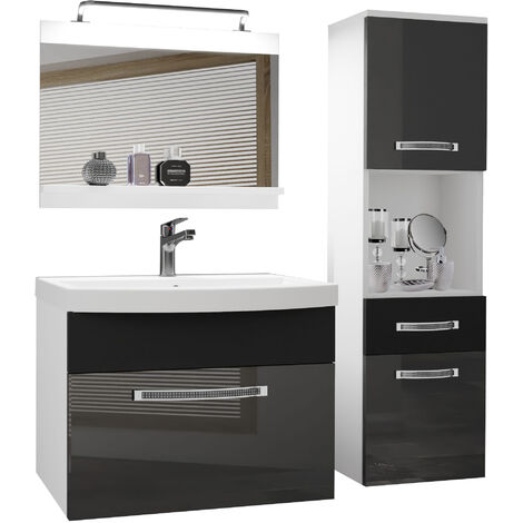 Belini Badezimmer Badmöbel Set Vollausstattung mit Waschbecken Unterschrank Waschtisch Spiegel Lampe Möbel Silber Schwarz Glänzend Matt