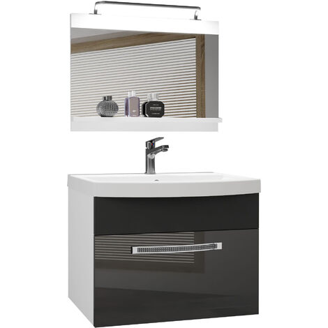 Belini Badezimmer Badmöbel Set Vollausstattung mit Waschbecken Unterschrank Waschtisch Spiegel Lampe Möbel Silber/Schwarz, Glänzend Matt