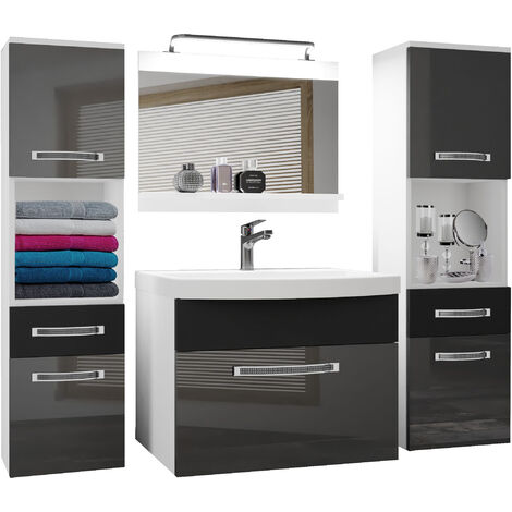 Belini Badezimmer Badmöbel Set Vollausstattung mit Waschbecken Unterschrank Waschtisch Spiegel Lampe Möbel Silber Schwarz Glänzend Matt