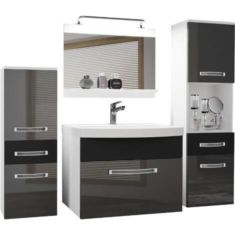 Belini Badezimmer Badmöbel Set Vollausstattung mit Waschbecken Unterschrank Waschtisch Spiegel Lampe Möbel Silber Schwarz Glänzend Matt