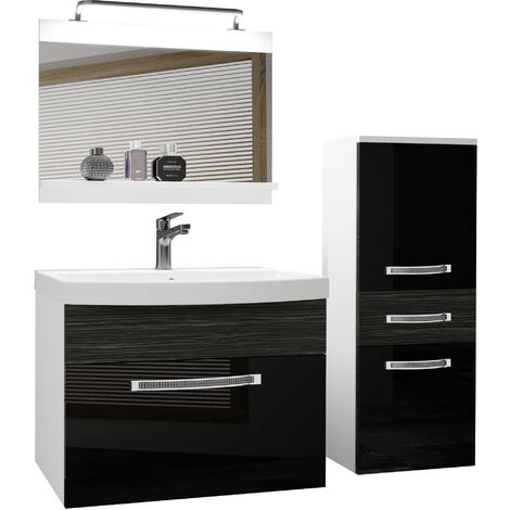Belini Badezimmer Badmöbel Set Vollaustattung mit Waschbecken Unterschrank Waschtisch Spiegel Lampe Schwarz/Ebenholz Royal, Glänzend und Matt