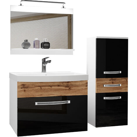 Belini Badezimmer Badmöbel Set Vollaustattung mit Waschbecken Unterschrank Waschtisch Spiegel Lampe Schwarz/Wotan Eiche, Glänzend und Matt