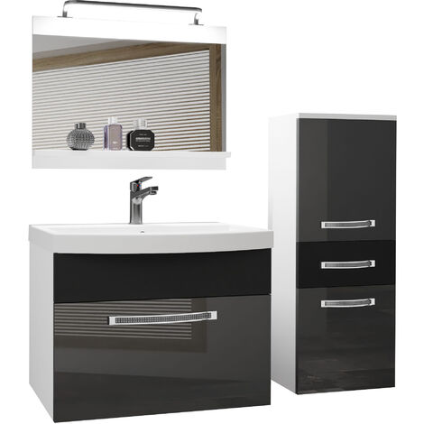 Belini Badezimmer Badmöbel Set Vollaustattung mit Waschbecken Unterschrank Waschtisch Spiegel Lampe Silber/Schwarz