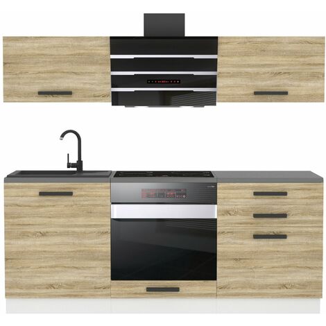 Belini – Cuisine complète 180 cm avec plan de travail chêne Sonoma – Corps en panneaux de particules 16mm – Tiroirs métal avec fermeture silencieuse