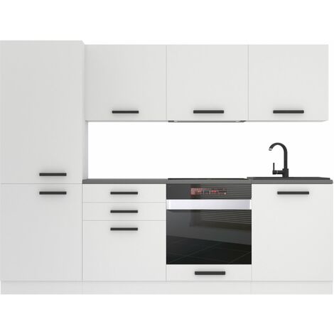 Belini – Cuisine complète 240 cm avec plan de travail blanc mat – Corps en panneaux de particules 16 mm – Système de fermeture silencieuse