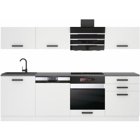 Belini – Cuisine complète 240 cm avec plan de travail blanc mat – Corps en panneaux de particules 16mm – Système de fermeture silencieuse – Éclairage LED tactile