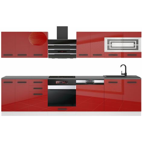 BELINI  Cuisine Equipee Complete - 300 cm Lucy Muebles de Cuisine Complète  Cuisine Complete sans Plan de Travail  Rangement Cuisine  Buffet Cuisine  Rouge Très Brillant