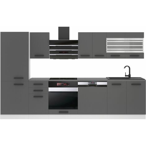 Belini Cuisine Equipee Complete Cindy Muebles de Cuisine Complets - 300 cm. Cuisine Complete sans Plan de Travail, Argent Mat