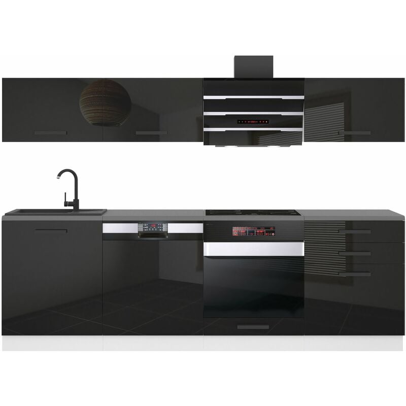 Cuisine Equipee Complete Linda Muebles de Cuisine Complets - 240 cm. Cuisine Complete avec Plan de Travail, Noir très Brillant - Belini