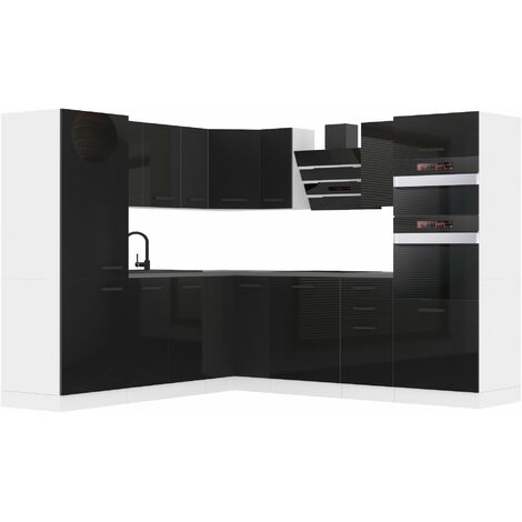 Belini Cuisine Equipee Complete Stacy Muebles de Cuisine Complets. L-Forme Cuisine. Cuisine Complete sans Plan de Travail, Noir très Brillant