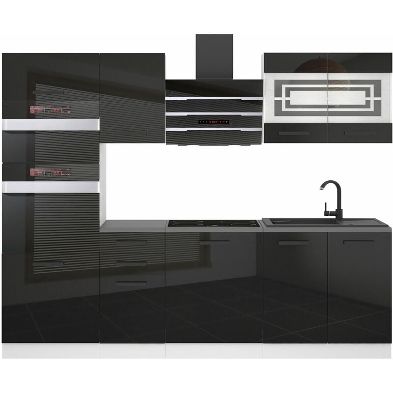 Cuisine Equipee Complete Tracy Muebles de Cuisine Complets - 240 cm. Cuisine Complete avec Plan de Travail, Noir très Brillant - Belini