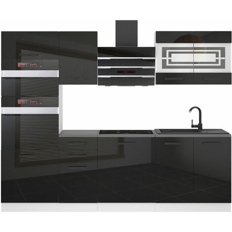 Belini Cuisine Equipee Complete Tracy Muebles de Cuisine Complets - 240 cm. Cuisine Complete avec Plan de Travail, Noir très Brillant