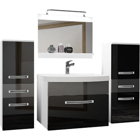 Belini – Ensemble de meubles de salle de bain avec lavabo 60 cm – Miroir 60x50 cm – 2 armoires suspendues 30x81,1 cm – Éclairage LED inclus – Noir brillant