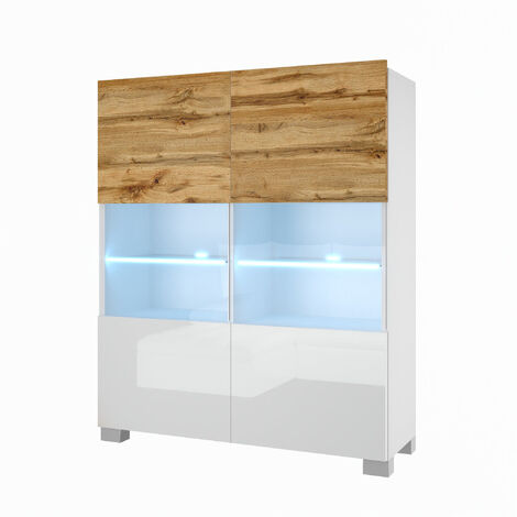 BELINI Kommode Sideboard Wohnzimmer Schlafzimmer Schrank Hochschrank mit LED-Leuchten Super-Soft-Touch-System zum sanften Schließen Aller Scharniere (Wotan Eiche/Weiß)