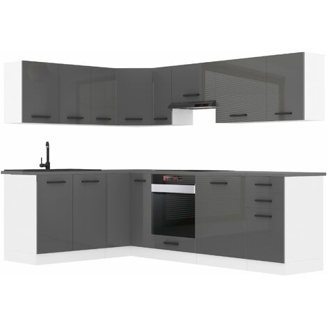 Belini Küchenzeile Küchenblock Küche L-Form Janet Küchenmöbel mit Griffe, Einbauküche ohne Elektrogeräten mit Hängeschränke und Unterschränke, mit Arbeitsplatten, Silber Hochglanz