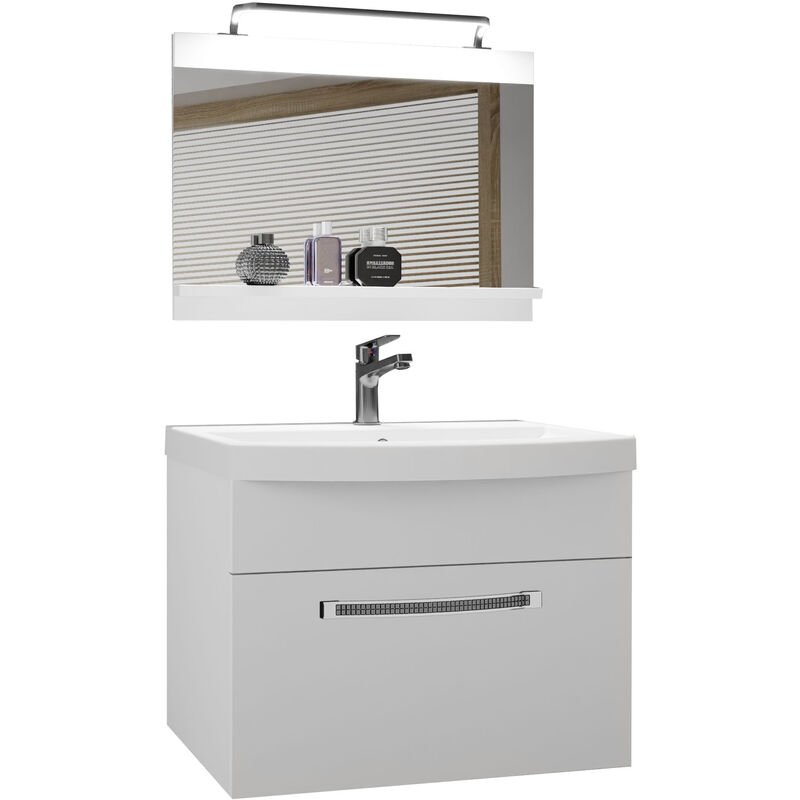 Belini - Meuble de Salle de Bain Lavabo Inclus, Meuble sous-Vasque et Miroir de Salle de Bains Largeur: 60 cm Kit d'éclairage Inclus Couleur : Blanc