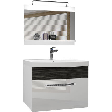 BELINI Meuble de Salle de Bain  Lavabo Inclus, Meuble sous-Vasque et Miroir de Salle de Bains  Largeur: 60 cm  Kit d'éclairage Inclus  Couleur : Blanc très Brillant/ébène Royal