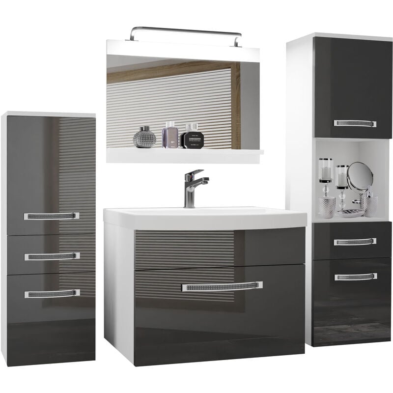 Meuble de Salle de Bain Lavabo Inclus, Meuble sous-Vasque, Miroir et 2X Cabinet Largeur: 140 cm Kit d'éclairage Inclus Couleur : Argent très Brillant