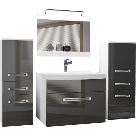 BELINI Meuble de Salle de Bain  Lavabo Inclus, Meuble sous-Vasque, Miroir et 2X Cabinet  Largeur: 140 cm  Kit d'éclairage Inclus  Couleur : Argent très Brillant