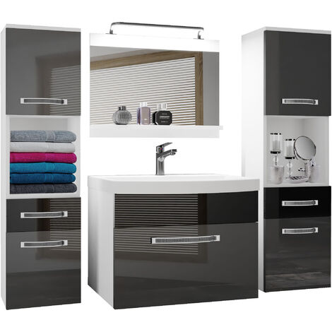 BELINI Meuble de Salle de Bain  Lavabo Inclus, Meuble sous-Vasque, Miroir et 2X Cabinet  Largeur: 140 cm  Kit d'éclairage Inclus  Couleur : Argent très Brillant/Noir très Brillant